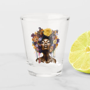 Verre A Shot Femme afro-américaine aux cheveux noirs floraux (3