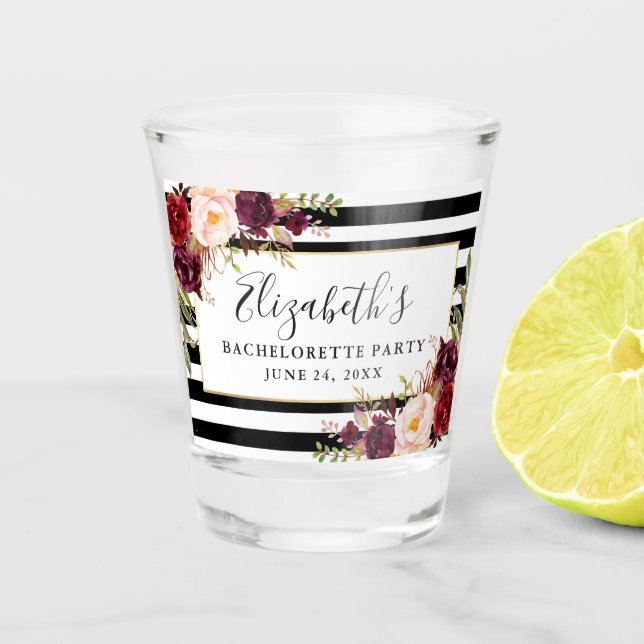 Verre A Shot Fête de Bachelorette Fleurie Rayée Bourgogne (Devant)