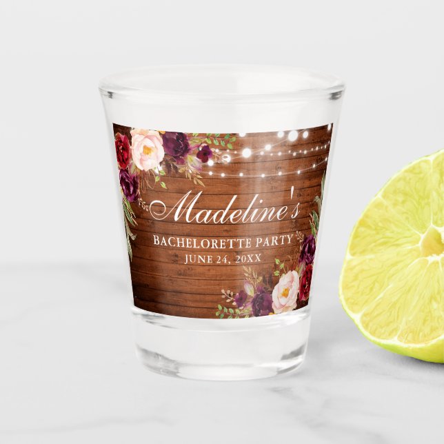 Verre A Shot Fête de Bachelorette Lumières Bois Floral Bourgogn (Devant)