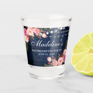 Verre A Shot Fête de Fiançailles Rose Floral Bois Bleu Lumières