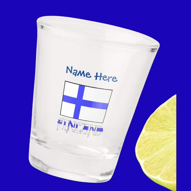 Verre A Shot Finlandais Drapeau bleu Personnalisé (Shot glass has Finnish Flag and word FINLAND below in flag colors. Add name above in blue text.)