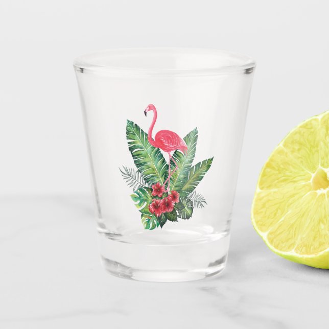Verre A Shot Flamant rose tropical feuille (Devant)