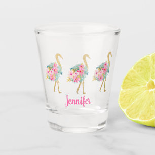 Verre A Shot Flamants roses et dorés tropicaux avec des fleurs