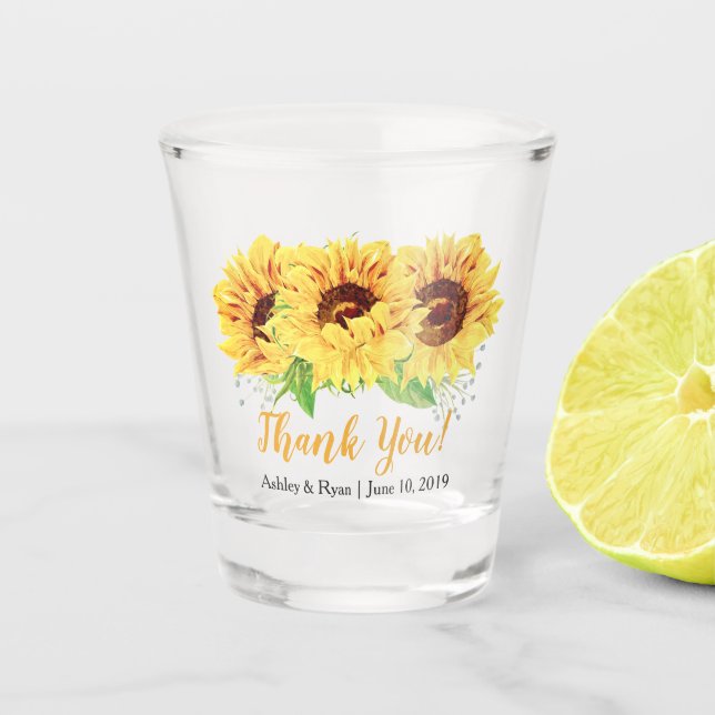 Verre A Shot Fleur de soleil Jaune Floral Merci Mariage Favor (Devant)