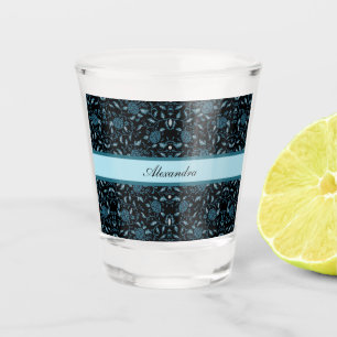 Verre A Shot Fleur élégante Noir et Turquoise Damas