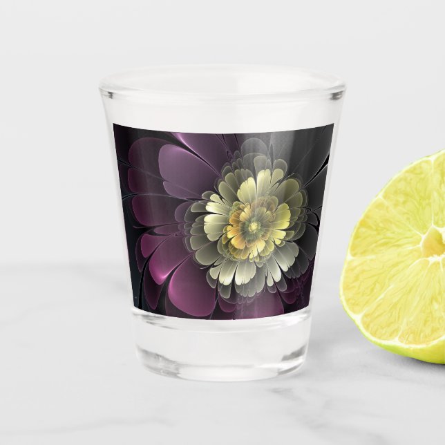 Verre A Shot Fleur fractale grise et pourpre moderne abstraite (Devant)