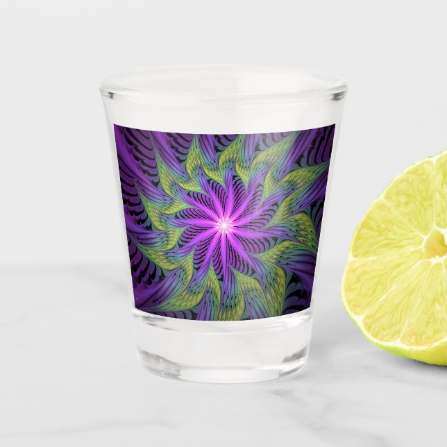 Verre A Shot Fleur verte violette Art abstrait fractal moderne (Devant)