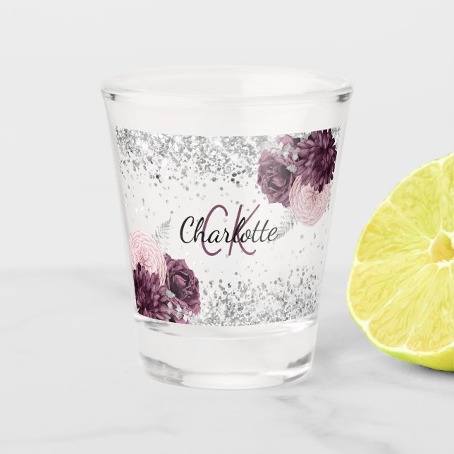 Verre A Shot Fleurs bordeaux argentées élégant monogramme nom (Devant)