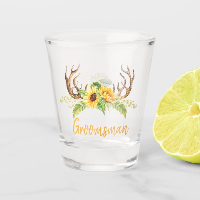 Verre A Shot Fleurs de soleil Jaunes Verdure Antlers Groomsman (Devant)