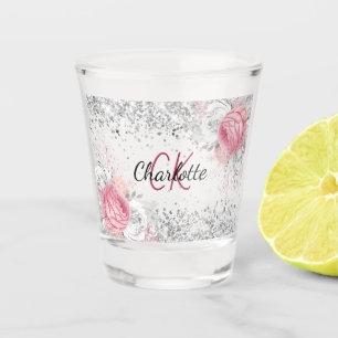Verre A Shot Fleurs roses argentées élégant monogramme nom