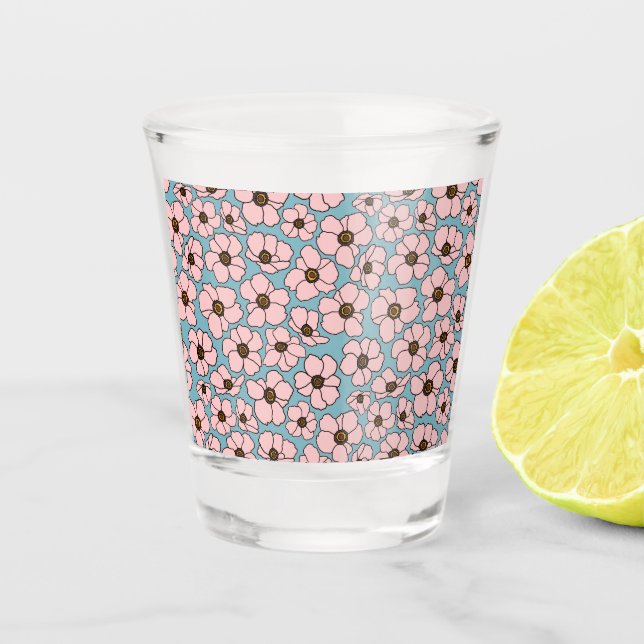 Verre A Shot Fleurs roses sur fond bleu  (Devant)