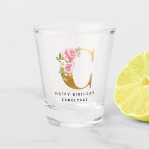 Verre A Shot Floral Monogramme Joyeux Anniversaire Nom personna