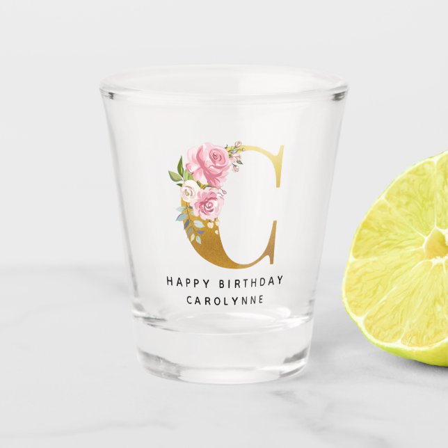 Verre A Shot Floral Monogramme Joyeux Anniversaire Nom personna (Devant)