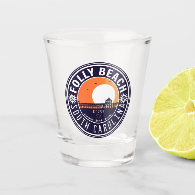 Verre A Shot Folly Beach SC Souvenirs Retro Sunset Pier 60s (Devant)