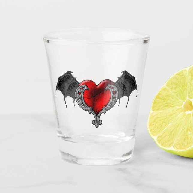 Verre A Shot Goth Coeur rouge avec Bat Wings Vitre (Devant)