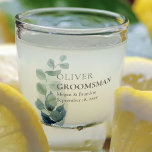 Verre A Shot Groomsman Eucalyptus Mariage de verdure personnali<br><div class="desc">Un verre de tir personnalisé vous permet de customiser avec le nom de votre marié, le nom de la mariée et du marié et la date du mariage. Ce design délicat a un flot d'eucalyptus feuilles sur un lave aquarelle avec aquarelle verte et feuillage dans les tons de bleu poussiéreux...</div>