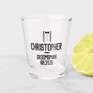 Verre A Shot Groomsman Typographie noire Tuxedo
