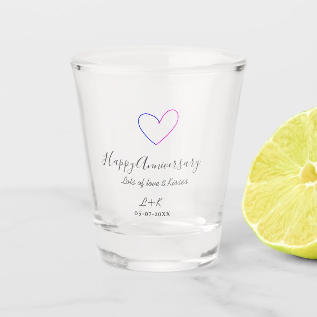 Verre A Shot Happy anniversary pink blue heart name date simple (Devant)