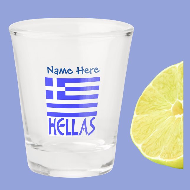 Verre A Shot Hellas Drapeau grec Personnalisation bleue (Shot glass with the Greek flag and the word HELLAS below in blue. Add à name above.)