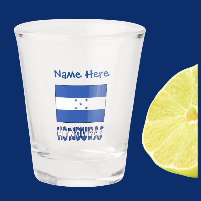Verre A Shot Honduras Drapeau bleu Personnalisation (Shot glass with the Honduran Flag and the word HONDURAS below in the flag colors Add a name above.)