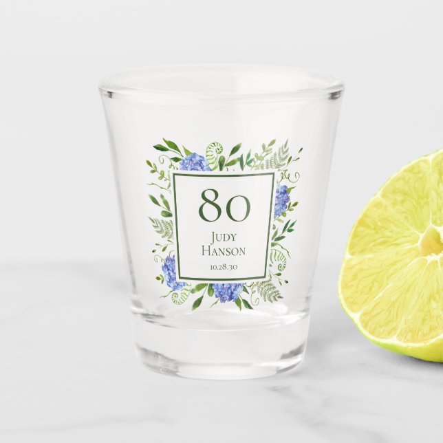 Verre A Shot Hydrangeas bleues pour 80e anniversaire (Devant)