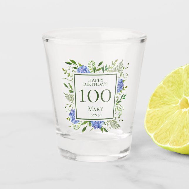 Verre A Shot Hydrangeas bleus pour les 100 ans (Devant)