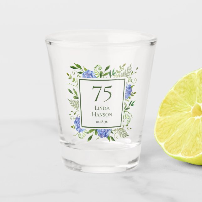 Verre A Shot Hydrangeas Bleus pour les 75 ans (Devant)