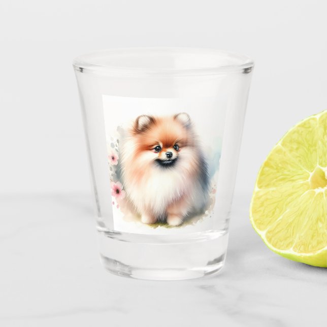 Verre A Shot Image d'aquarelle mignonne Pomeranian (Devant)