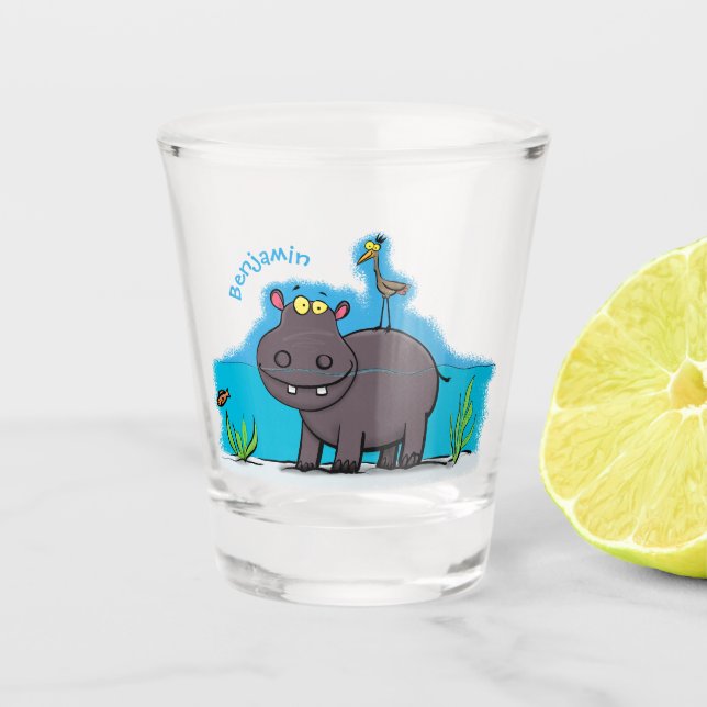 Verre A Shot Ippopotame drôle mignon avec dessin animé d'oiseau (Devant)