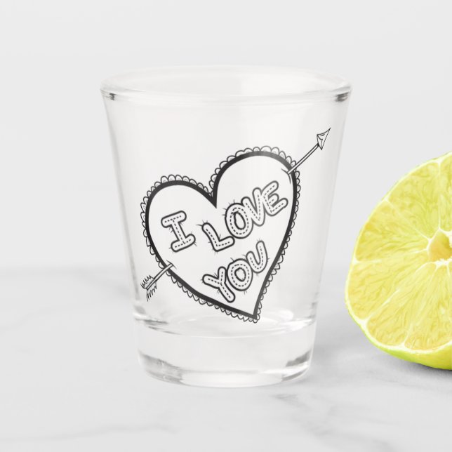 Verre A Shot Je t'aime coeur et flèche (Devant)