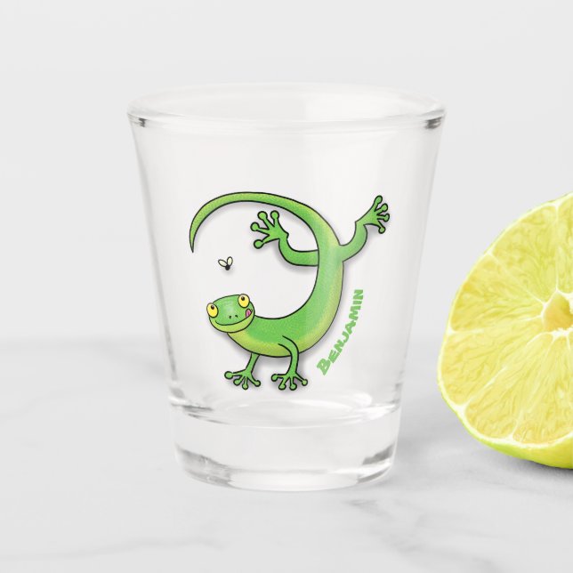 Verre A Shot Joli gecko vert salutations avec dessin animé (Devant)