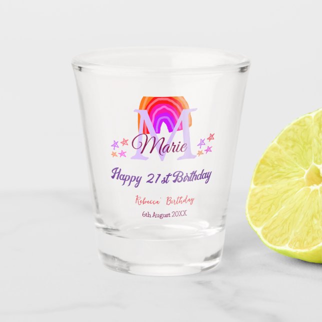 Verre A Shot Joyeux 21e anniversaire rose ajouter nom monogramm (Devant)