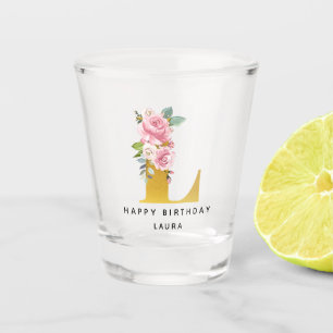 Verre A Shot Joyeux anniversaire Floral Monogramme L Nom person