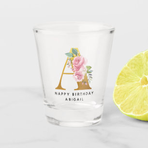 Verre A Shot Joyeux Anniversaire Floral Monogramme Nom personna