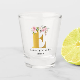 Verre A Shot Joyeux Anniversaire Floral Monogramme Nom personna