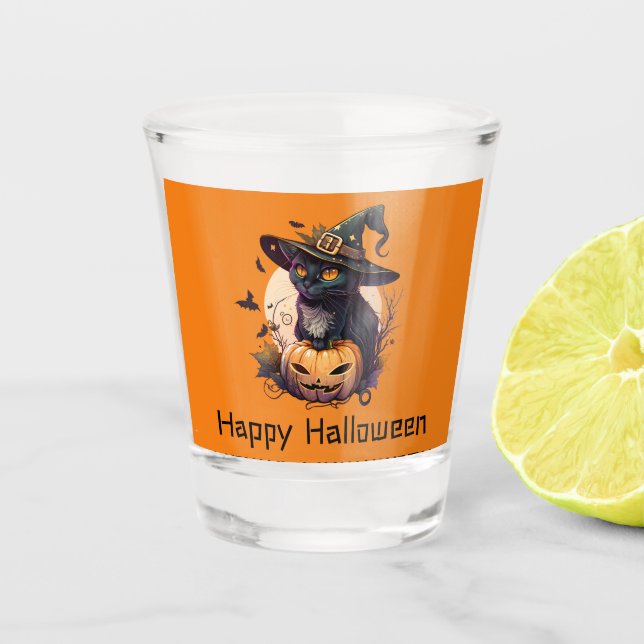 Verre A Shot Joyeux Halloween Chat noir Jack-o-Lantern Orange (Devant)