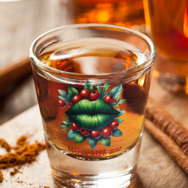 Verre A Shot Joyeux KISS-mas Lèvres vertes Baies rouges de Noël (Créateur téléchargé)
