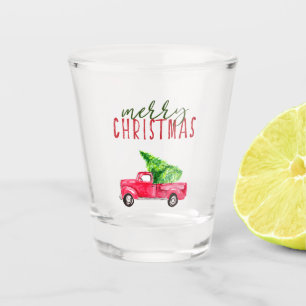 Verre A Shot Joyeux Noël Aquarelle Rouge Camion Arbre