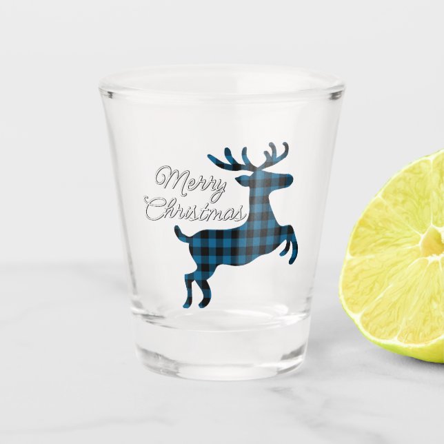 Verre A Shot Joyeux Noël Buck sur Bleu Black Buffalo Check (Devant)