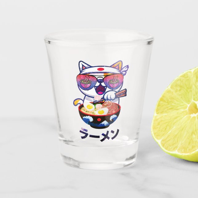 Verre A Shot Kawaii Chat Manger Des nouilles Ramen (Devant)