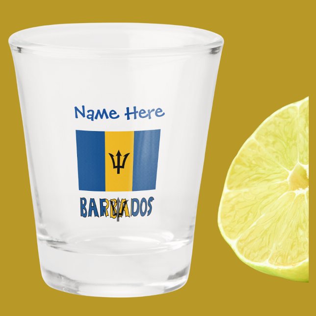Verre A Shot La Barbade et la Barbade Drapeau bleu Personnalisa (Shot glass with Barbadian or Bajan Flag and the word BARBADOS below in flag colors. Add name above.)