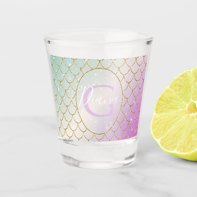 Verre A Shot La Petite Sirène. balance d'or sur rose, turqu (Devant)