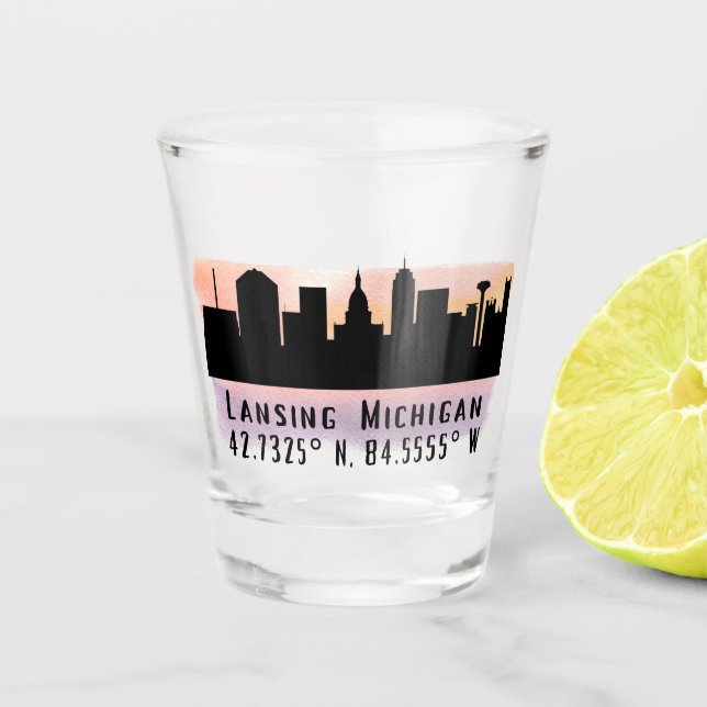 Verre A Shot Lansing MI City Skyline Latitude et Longitude (Devant)