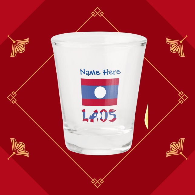 Verre A Shot Laos Laotien Drapeau Bleu Personnalisation (Personalized shot glass has Laotian flag with word LAOS below in flag colors. Add a name at the top.)