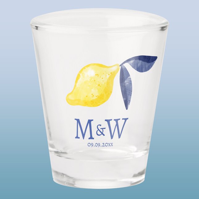 Verre A Shot Lémon Couple Initiales Monogramme Date (Lemon watercolor Mediterranean wedding couple monogram initials date shot glass)