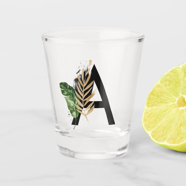 Verre A Shot LETTRE Feuille Tropicale Faux Gold Foil A Monogram (Devant)