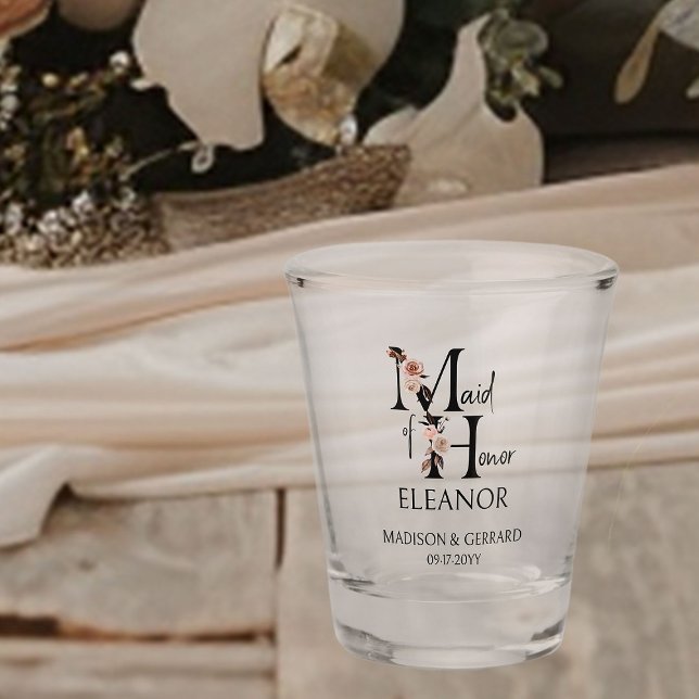 Verre A Shot LETTRE FLORALE D'Honneur FLEUVE Neutre FEMME (Bridal party gift to personalize for your Maid of Honor)