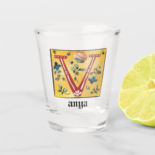 Verre A Shot Lettre Florale médiévale illuminée V Monogramme