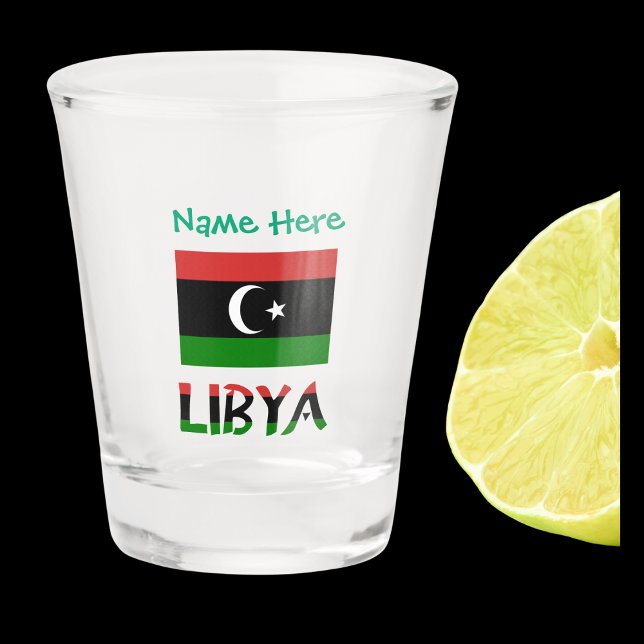 Verre A Shot Libye Drapeau Libyen Vert Personnalisé  (Shot glass with Libyan flag and the word LIBYA below in colors of the flag. Add a name above.)
