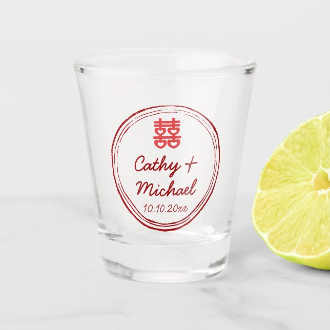 Verre A Shot Logo du mariage chinois rose double bonheur (Devant)
